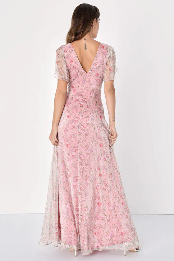 Elegant Deep V Neck Short Flutter Sleeve Floral Print Chiffon Maxi Prom Dress For Formal Evening Gala Wedding Guest Bridesmaid