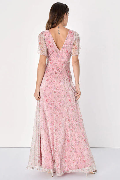 Elegant Deep V Neck Short Flutter Sleeve Floral Print Chiffon Maxi Prom Dress For Formal Evening Gala Wedding Guest Bridesmaid