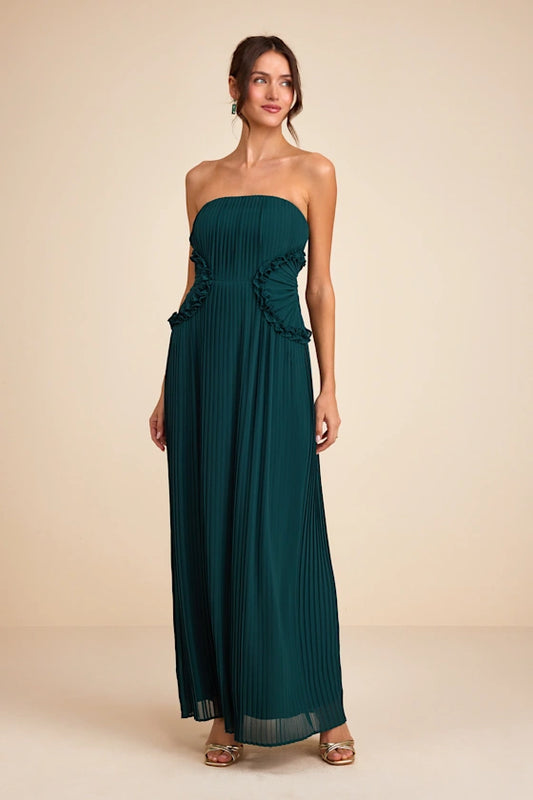Elegant Emerald Green Strapless Pleated Maxi Dress with Ruffle Detail, Prom Dress
