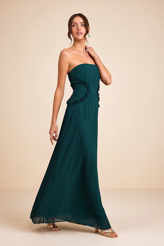Elegant Emerald Green Strapless Pleated Maxi Dress with Ruffle Detail, Prom Dress