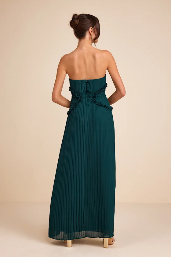 Elegant Emerald Green Strapless Pleated Maxi Dress with Ruffle Detail, Prom Dress