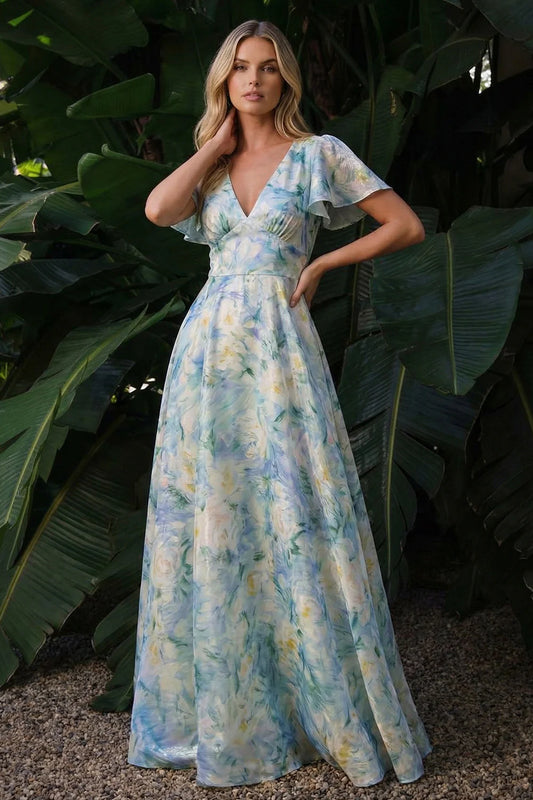 Elegant Flutter Sleeve V Neck Watercolor Floral Print Backless A-Line Maxi Prom Dress
