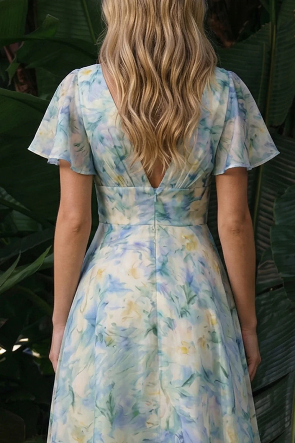 Elegant Flutter Sleeve V Neck Watercolor Floral Print Backless A-Line Maxi Prom Dress