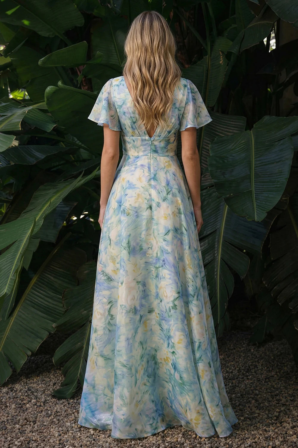 Elegant Flutter Sleeve V Neck Watercolor Floral Print Backless A-Line Maxi Prom Dress