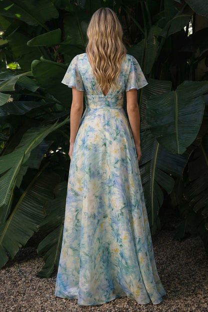 Elegant Flutter Sleeve V Neck Watercolor Floral Print Backless A-Line Maxi Prom Dress