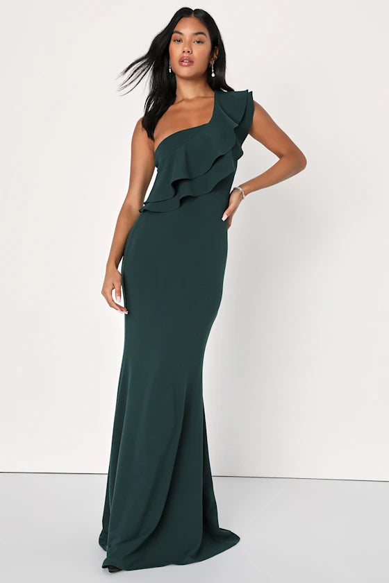 Elegant Forest Green One-Shoulder Mermaid Gown with Ruffle Detail, Formal Bridesmaid Dresses
