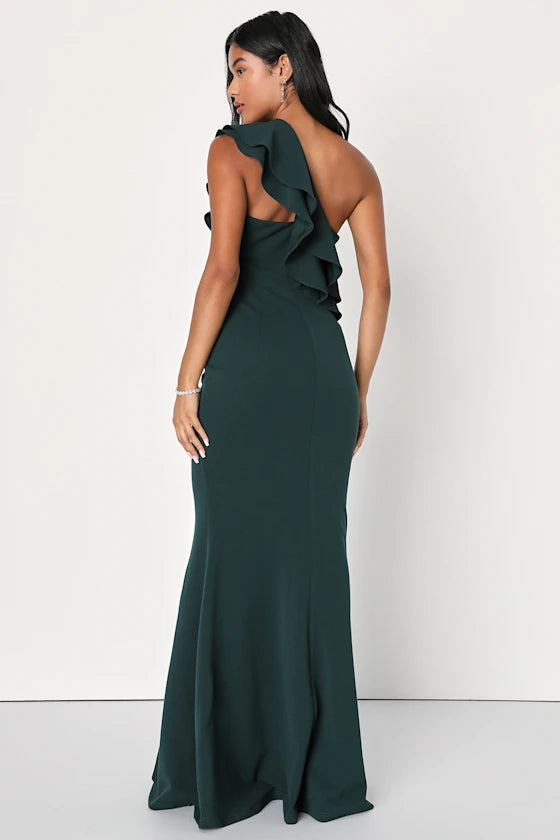 Elegant Forest Green One-Shoulder Mermaid Gown with Ruffle Detail, Formal Bridesmaid Dresses