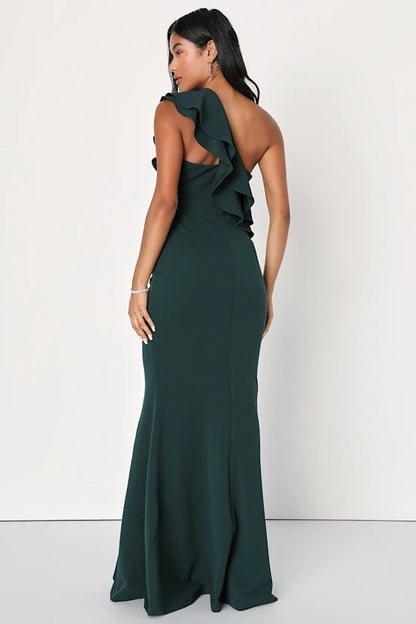 Elegant Forest Green One-Shoulder Mermaid Gown with Ruffle Detail, Formal Bridesmaid Dresses