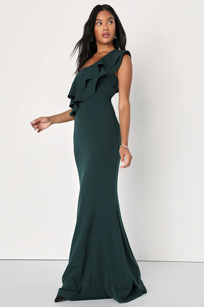 Elegant Forest Green One-Shoulder Mermaid Gown with Ruffle Detail, Formal Bridesmaid Dresses