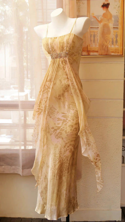 Elegant Gold Floral Chiffon Prom Dress With Capelet Sleeves Beaded Bodice And Mermaid Skirt For Formal Evening Party