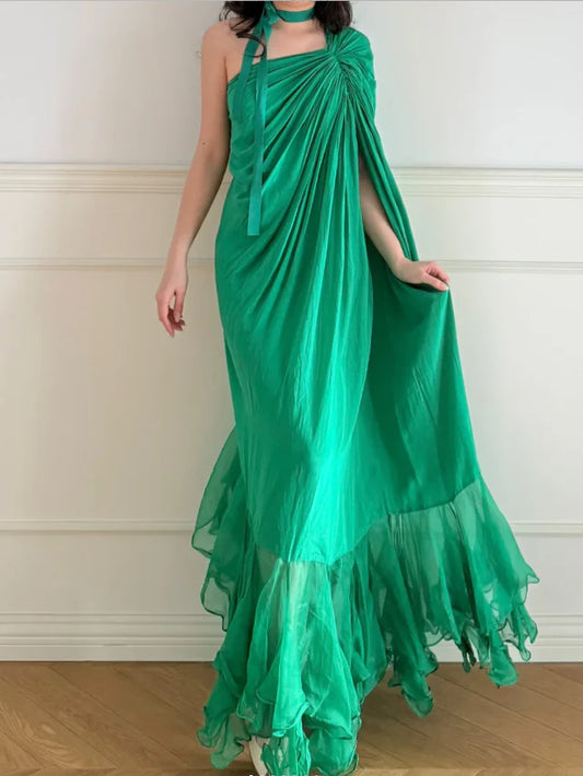Elegant Green One Shoulder Prom Dress With Draped Bodice Choker Tie And Ruffled High Low Skirt For Formal Evening Party
