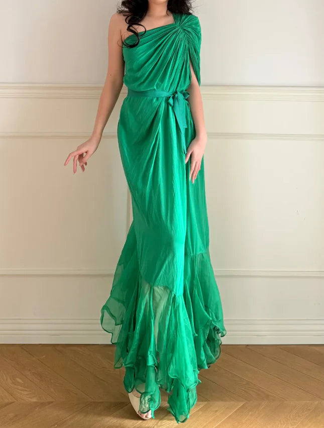 Elegant Green One Shoulder Prom Dress With Draped Bodice Choker Tie And Ruffled High Low Skirt For Formal Evening Party