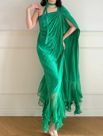 Elegant Green One Shoulder Prom Dress With Draped Bodice Choker Tie And Ruffled High Low Skirt For Formal Evening Party