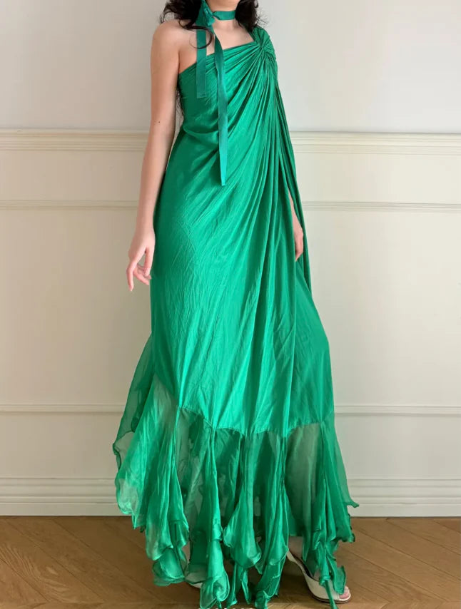 Elegant Green One Shoulder Prom Dress With Draped Bodice Choker Tie And Ruffled High Low Skirt For Formal Evening Party