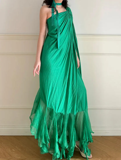 Elegant Green One Shoulder Prom Dress With Draped Bodice Choker Tie And Ruffled High Low Skirt For Formal Evening Party