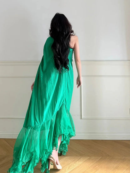 Elegant Green One Shoulder Prom Dress With Draped Bodice Choker Tie And Ruffled High Low Skirt For Formal Evening Party