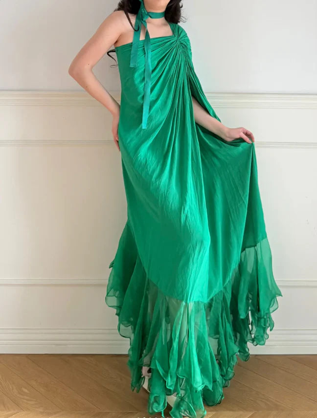 Elegant Green One Shoulder Prom Dress With Draped Bodice Choker Tie And Ruffled High Low Skirt For Formal Evening Party
