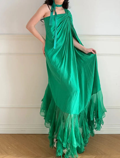 Elegant Green One Shoulder Prom Dress With Draped Bodice Choker Tie And Ruffled High Low Skirt For Formal Evening Party