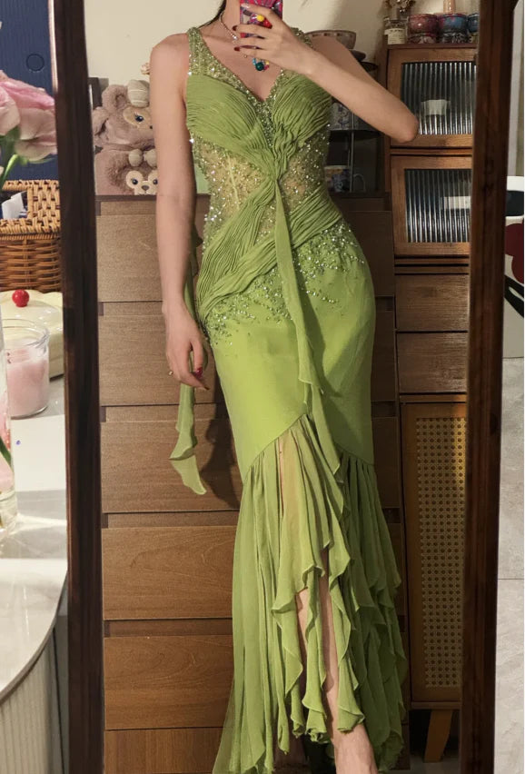 Elegant Green V Neck Prom Dress With Beaded Bodice Draped Chiffon Details And High Low Ruffled Skirt For Formal Evening Party