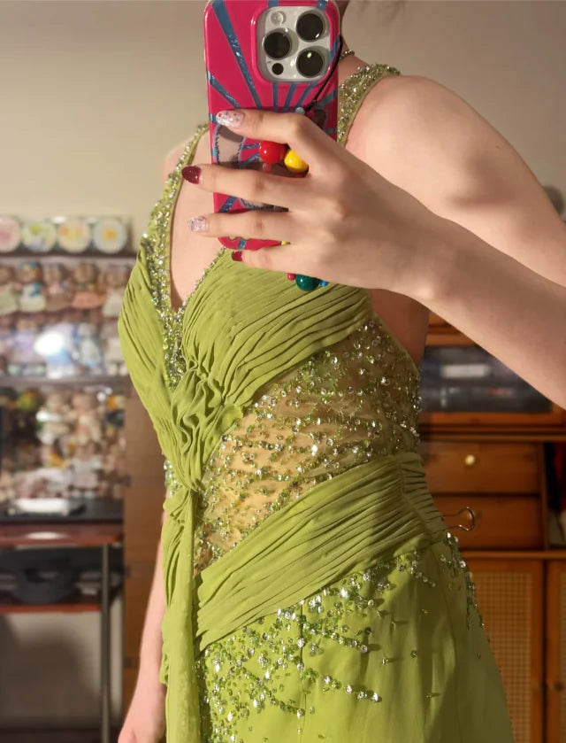 Elegant Green V Neck Prom Dress With Beaded Bodice Draped Chiffon Details And High Low Ruffled Skirt For Formal Evening Party