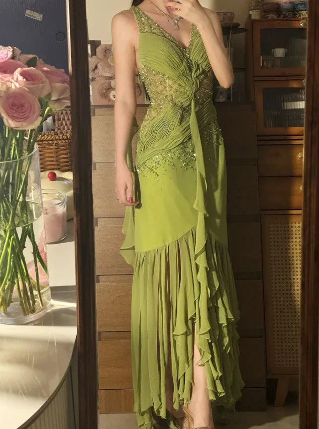 Elegant Green V Neck Prom Dress With Beaded Bodice Draped Chiffon Details And High Low Ruffled Skirt For Formal Evening Party
