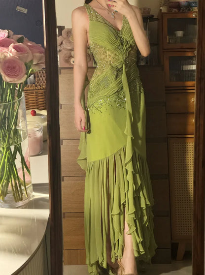 Elegant Green V Neck Prom Dress With Beaded Bodice Draped Chiffon Details And High Low Ruffled Skirt For Formal Evening Party