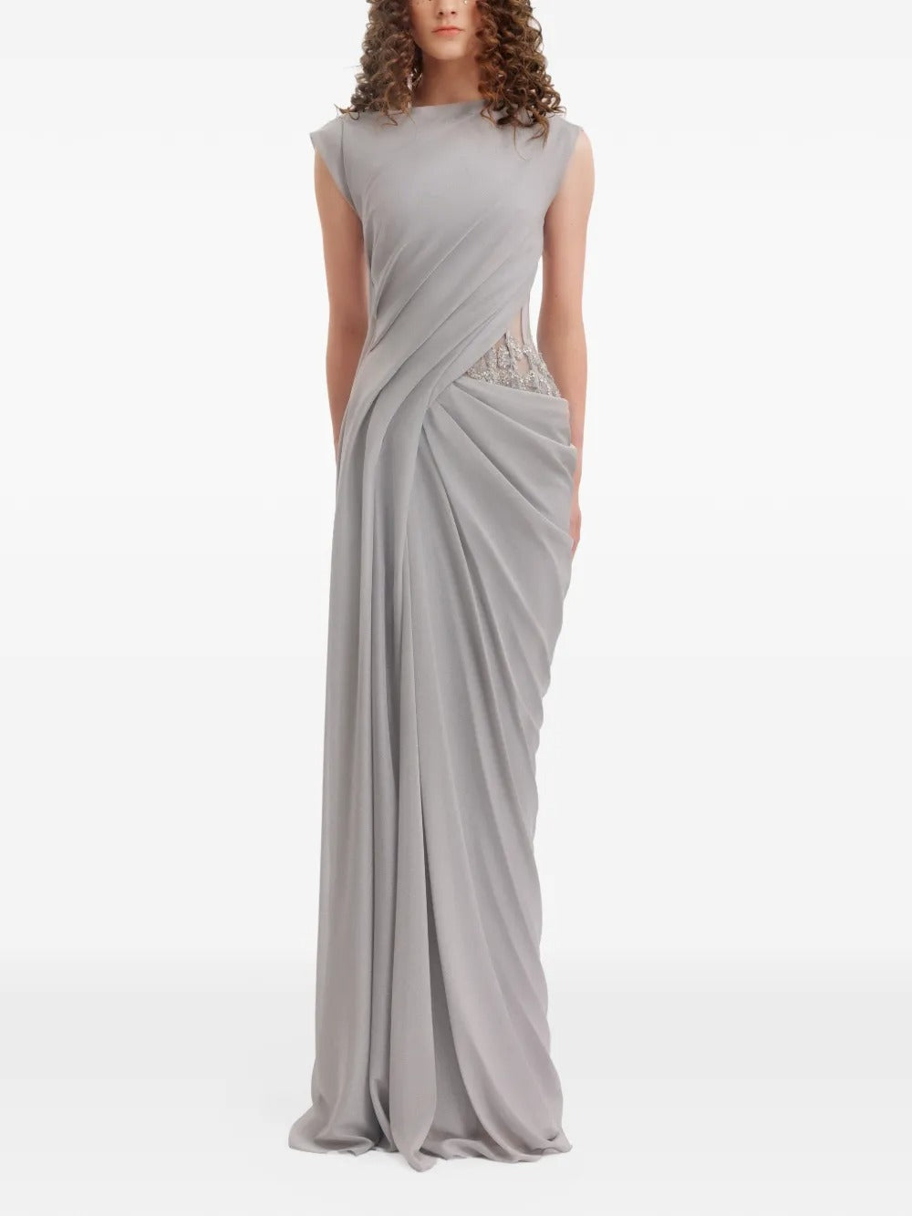 Elegant Grey Draped Cutout Crystal Embellished Evening Dress