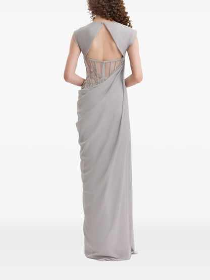 Elegant Grey Draped Cutout Crystal Embellished Evening Dress