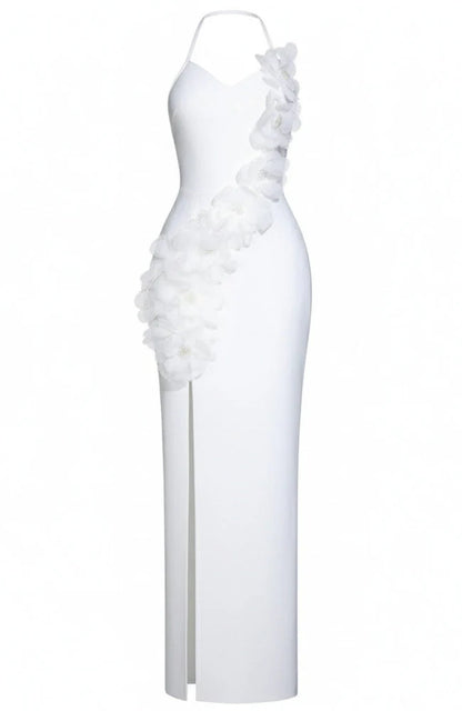 Elegant Halter Neck 3D Floral Applique Bodycon Maxi Prom Dress With Slit For Formal Evening Wedding Guest