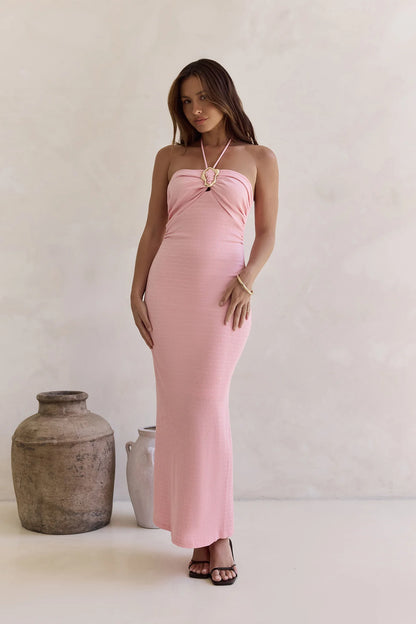 Elegant Halter Neck Backless Buckle Detail Ruched Bodycon Maxi Prom Dress For Formal Evening Wedding Guest Bridal Shower