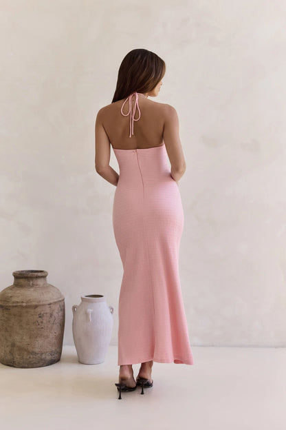 Elegant Halter Neck Backless Buckle Detail Ruched Bodycon Maxi Prom Dress For Formal Evening Wedding Guest Bridal Shower
