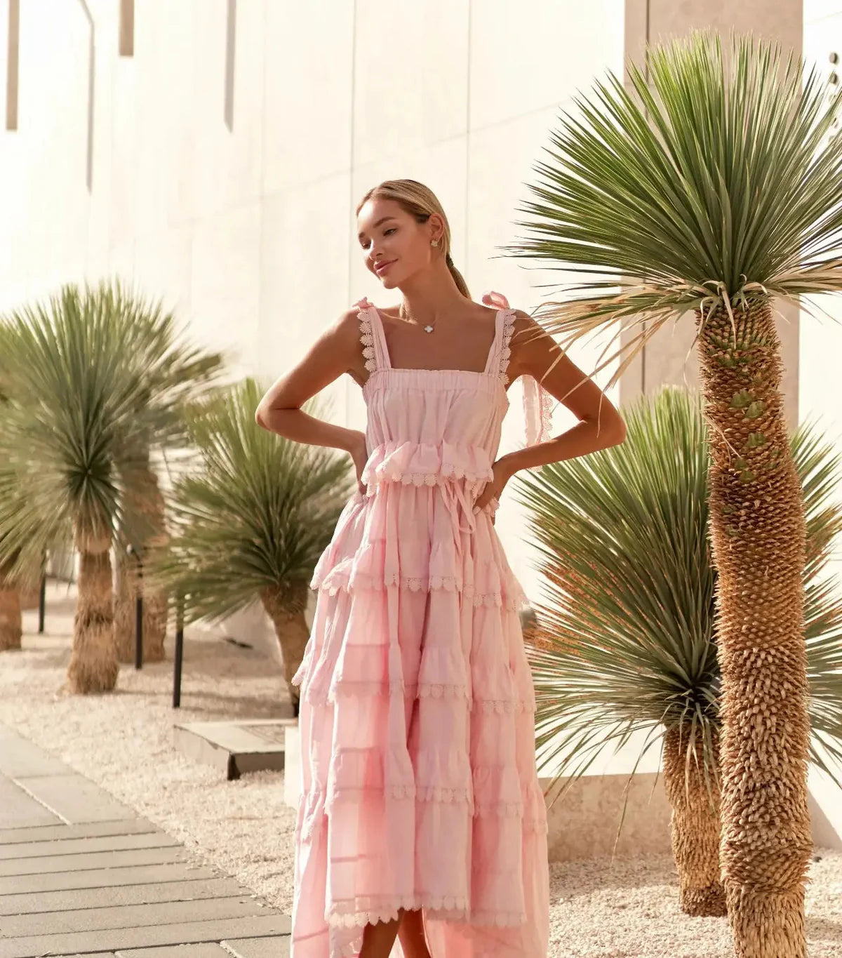Elegant Halter Neck Backless Eyelet Embroidery Tiered Ruffle Maxi Prom Dress For Formal Evening Wedding Guest
