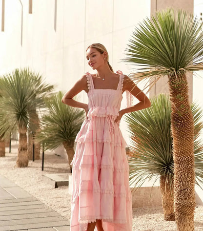 Elegant Halter Neck Backless Eyelet Embroidery Tiered Ruffle Maxi Prom Dress For Formal Evening Wedding Guest