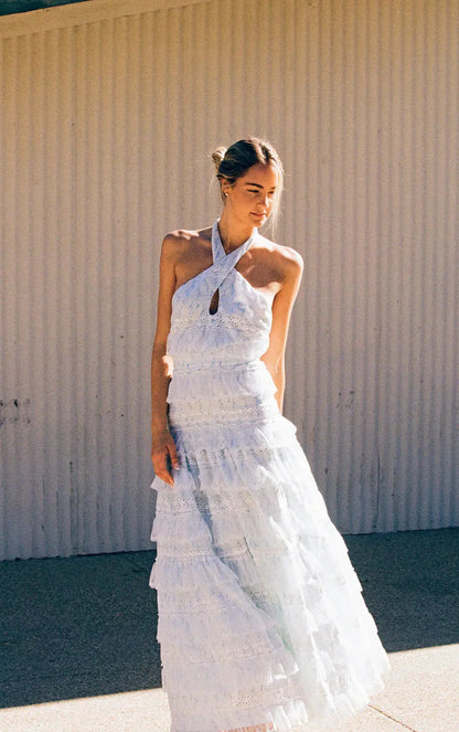 Elegant Halter Neck Backless Eyelet Embroidery Tiered Ruffle Maxi Prom Dress For Formal Evening Wedding Guest