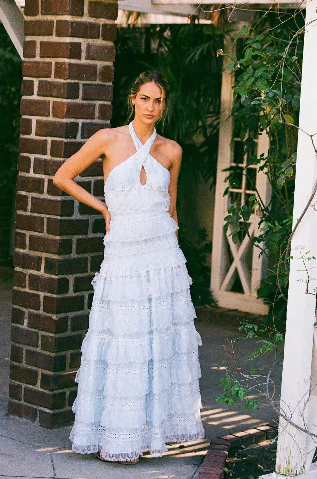 Elegant Halter Neck Backless Eyelet Embroidery Tiered Ruffle Maxi Prom Dress For Formal Evening Wedding Guest