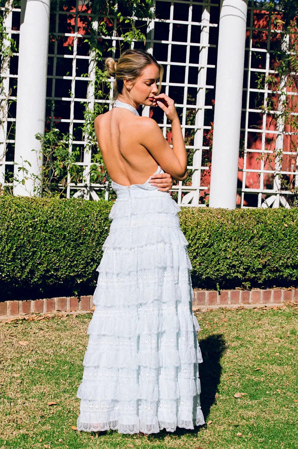 Elegant Halter Neck Backless Eyelet Embroidery Tiered Ruffle Maxi Prom Dress For Formal Evening Wedding Guest