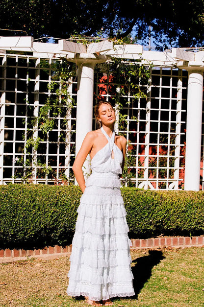 Elegant Halter Neck Backless Eyelet Embroidery Tiered Ruffle Maxi Prom Dress For Formal Evening Wedding Guest