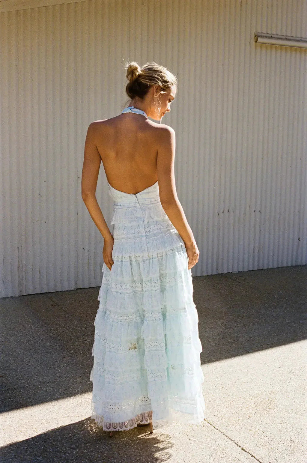 Elegant Halter Neck Backless Eyelet Embroidery Tiered Ruffle Maxi Prom Dress For Formal Evening Wedding Guest