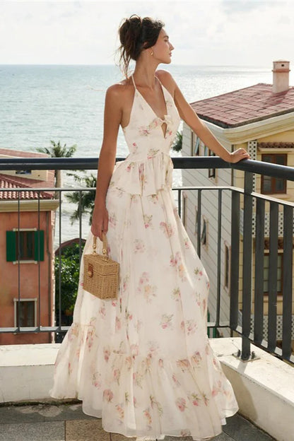 Elegant Halter Neck Backless Floral Print Peplum Waist Tiered Ruffle Maxi Prom Dress For Wedding Guest Bridal Shower Formal Evening