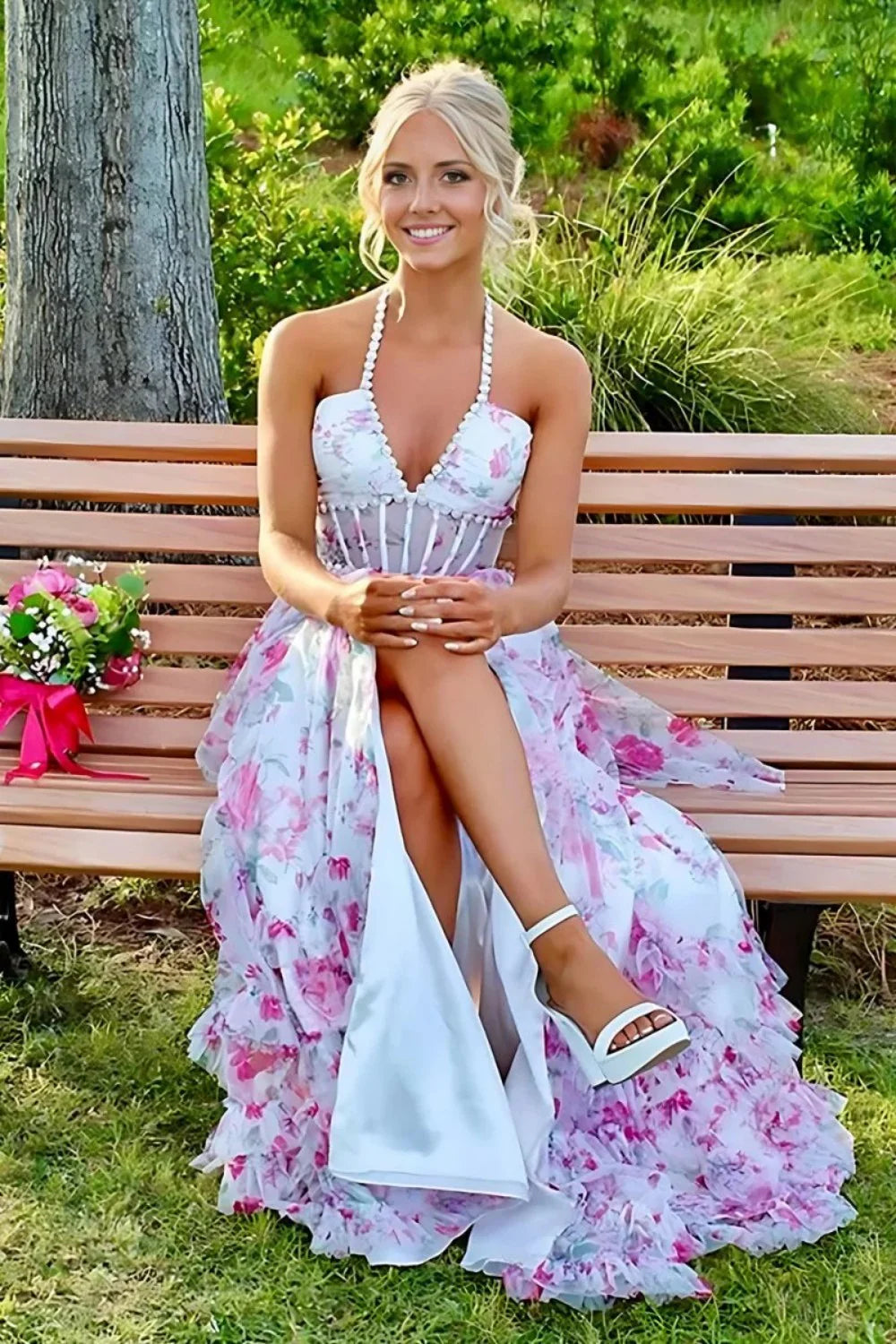 Elegant Halter Neck Beaded Floral Print Tulle Lace Up Back High Slit Maxi Prom Dress