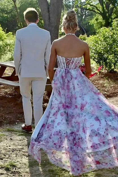 Elegant Halter Neck Beaded Floral Print Tulle Lace Up Back High Slit Maxi Prom Dress