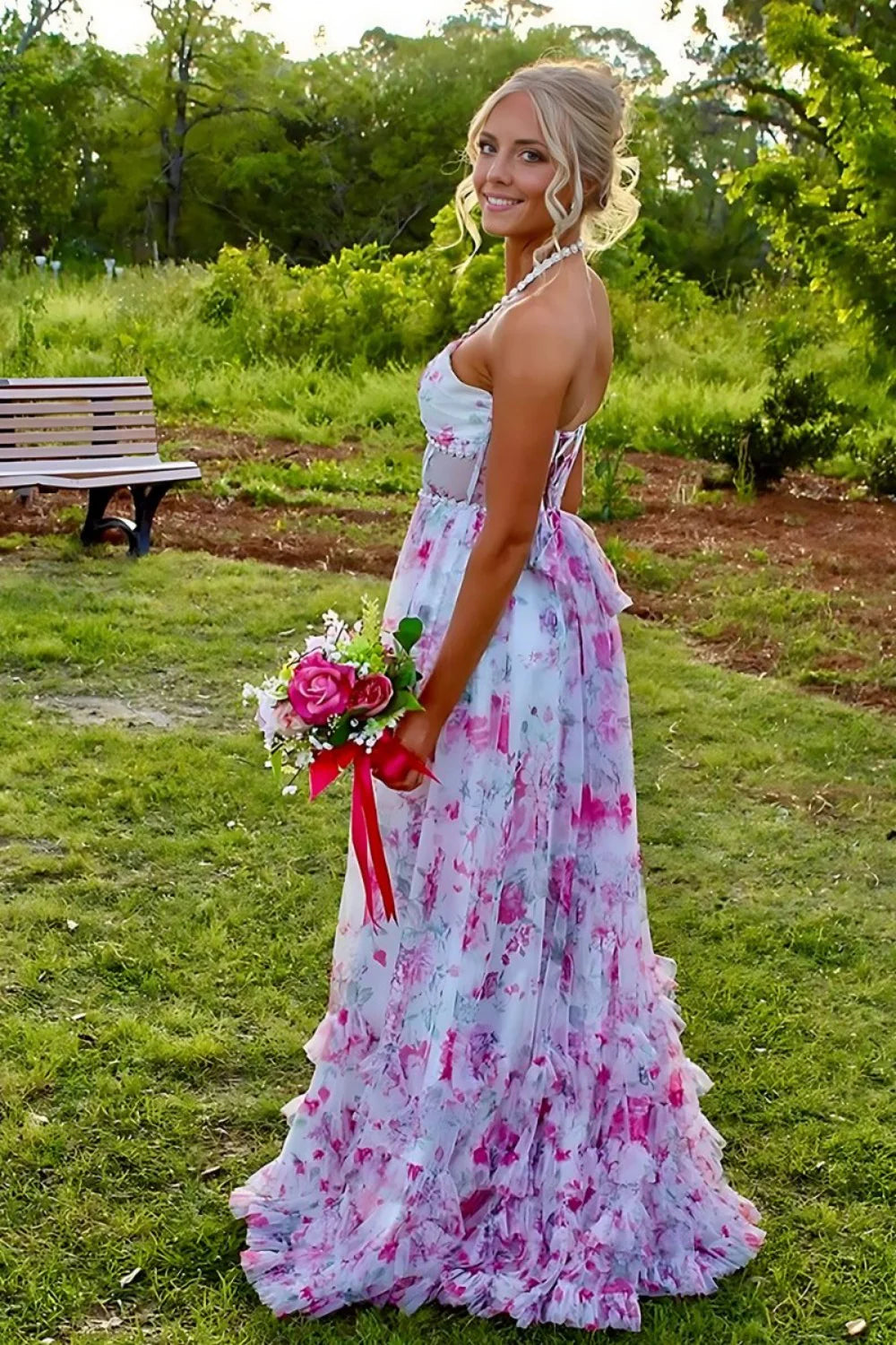 Elegant Halter Neck Beaded Floral Print Tulle Lace Up Back High Slit Maxi Prom Dress