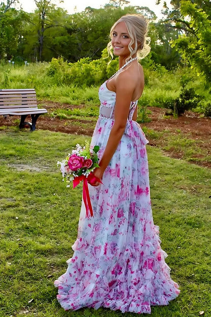 Elegant Halter Neck Beaded Floral Print Tulle Lace Up Back High Slit Maxi Prom Dress