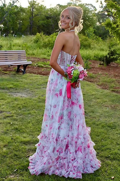 Elegant Halter Neck Beaded Floral Print Tulle Lace Up Back High Slit Maxi Prom Dress
