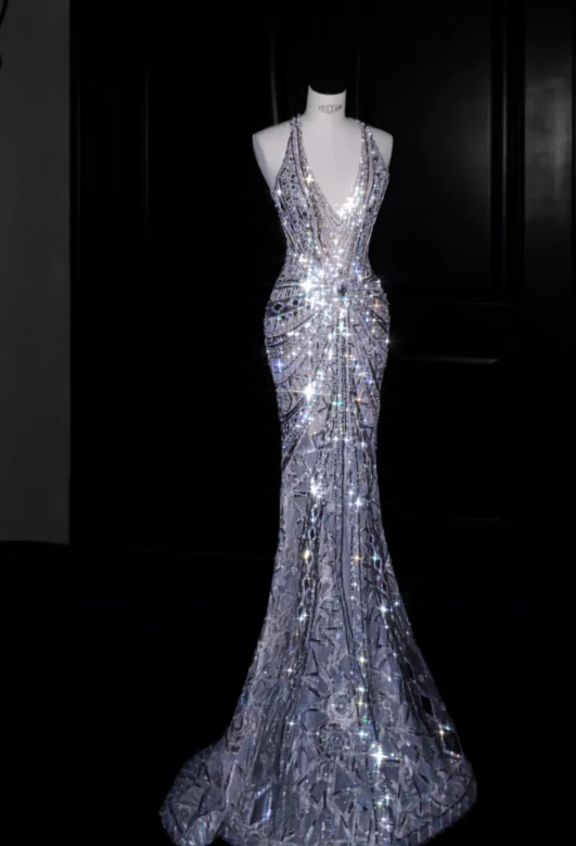 Elegant Halter Neck Crystal Embellished Crisscross Back Mermaid Prom Dress with Train
