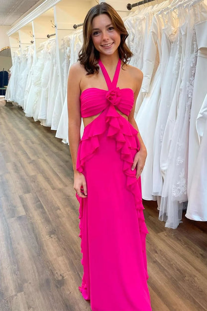 Elegant Halter Neck Cutout 3D Flower Ruffle Maxi Prom Dress For Formal Evening Gala Wedding
