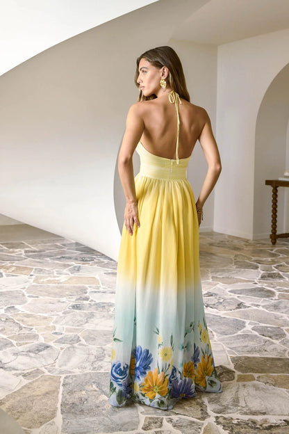 Elegant Halter Neck Cutout Ruched Waist Ombre Floral Print High Slit Chiffon Prom Dress For Formal Evening Wedding Guest Bridal Shower