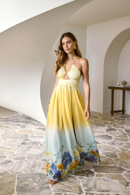 Elegant Halter Neck Cutout Ruched Waist Ombre Floral Print High Slit Chiffon Prom Dress For Formal Evening Wedding Guest Bridal Shower