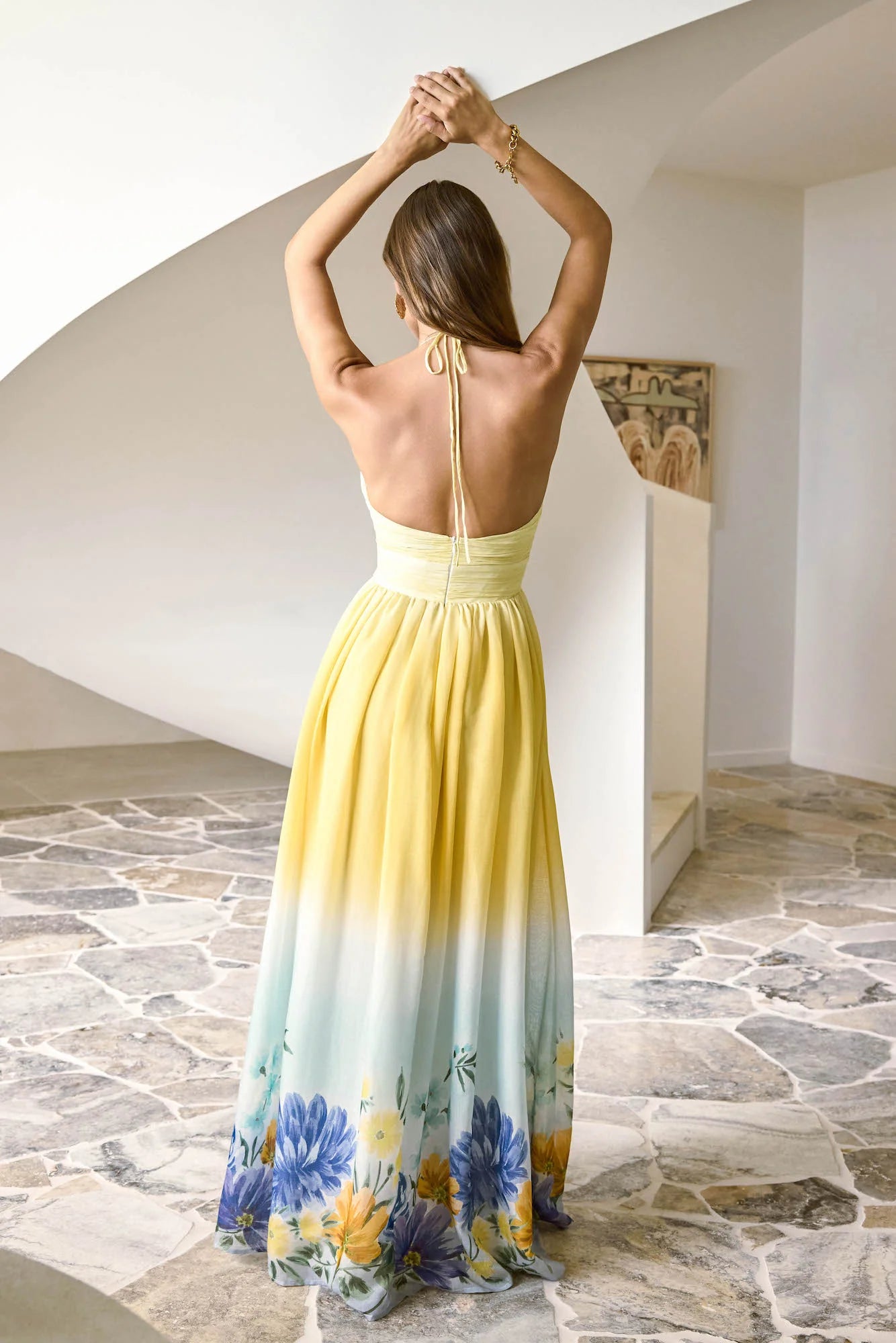 Elegant Halter Neck Cutout Ruched Waist Ombre Floral Print High Slit Chiffon Prom Dress For Formal Evening Wedding Guest Bridal Shower