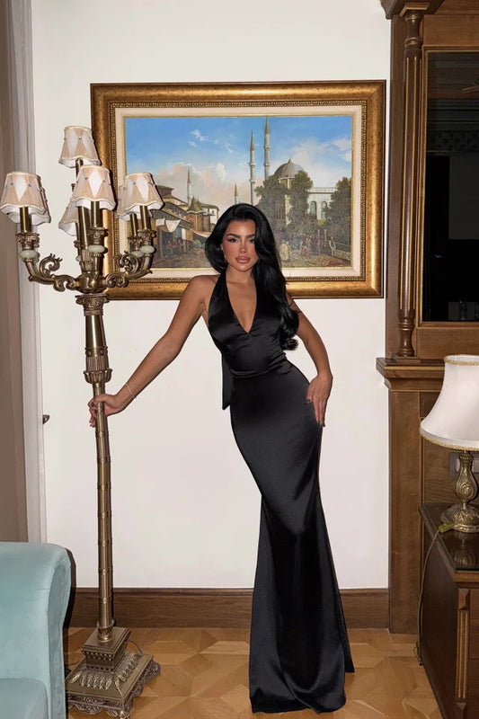 Elegant Halter Neck Deep V Backless Satin Mermaid Maxi Prom Dress For Formal Evening Red Carpet